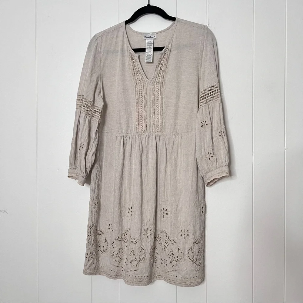 Tommy Bahama St. Lucia Linen Tan Eyelet Mini Dress Coastal Balloon Sleeve Size S - Picture 1 of 10
